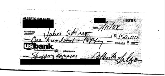 A check from Alberto Salazar to John Stiner for "shipping expenses"