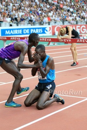 The world's last sub-8:00 steeple: Birech breaks down after passing Jager in the home straight in Paris