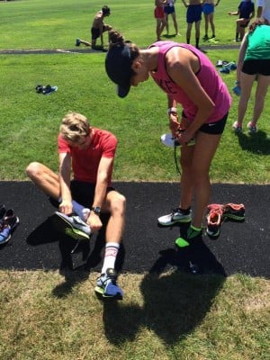 Geoghegan and Alexi Pappas prepare for some strides at Cape Elizabeth High School on Friday