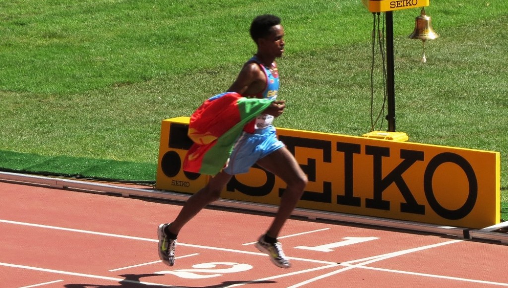 Ghirmay Ghebreslassie of Eritrea winning the 2015 IAAF World Championships marathon in 2:12:28 (photo by David Monti for Race Results Weekly)