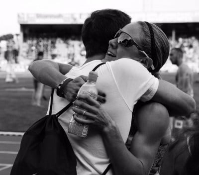 The Johnsons embraced after Lauren hit the IAAF standard in Belgium on July 18 (Photo courtesy Nick Johnson)