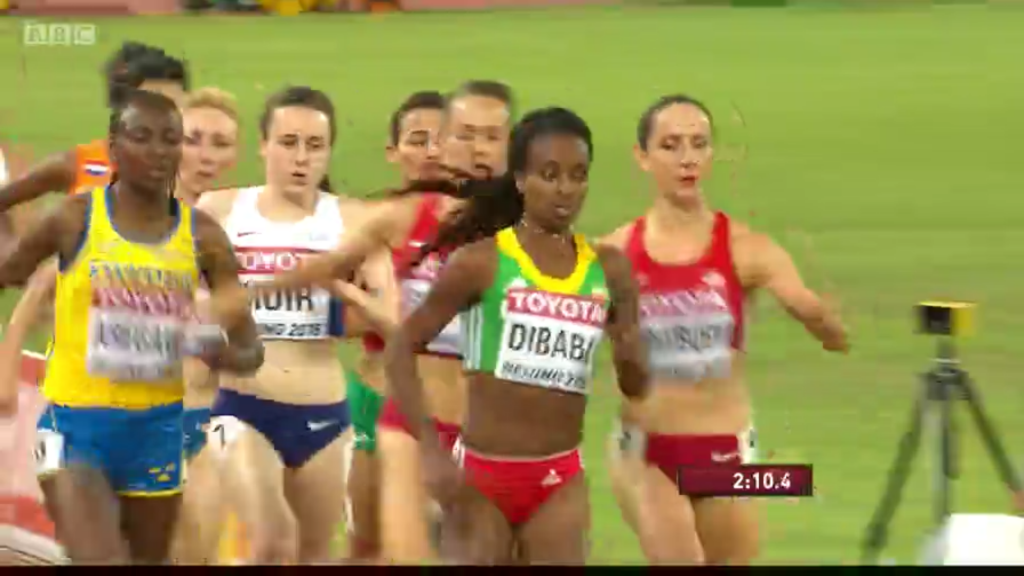 Dibaba's move to the lead resulted in Simpson's shoe coming off