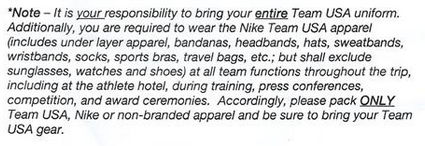 Portion of USATF letter telling athletes ONLY to pack non branded gear