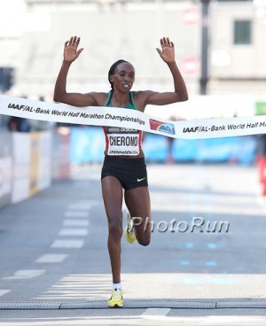 Cherono winning gold at the World Half Champs in 2014