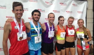 (From left to right): The podium finishers from the 2015 USA 5-K Championships: Dan Huling, David Torrence, Dathan Ritzenhein, Molly Huddle, Shalane Flanagan and Emily Sisson (photo by Chris Lotsbom for Race Results Weekly).