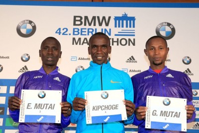 Emmanuel Mutai, Eliud Kipchoge and Geofrey Mutai at 2015 BMW Berlin Marathon