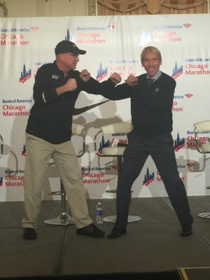 Pinkowski (l) and NYRR Head Peter Ciaccia (r) have some fun