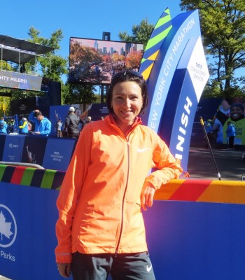 Jelena Prokopcuka of Latvia at the finish line of the 2015 TCS New York City Marathon (photo by Chris Lotsbom for Race Results Weekly)