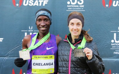  Sam Chelanga and Molly Huddle show off their finish medals after winning the 2015 .US 12-K National Road Racing Championships in Alexandria, Va. (photo by Jane Monti for Race Results Weekly) 