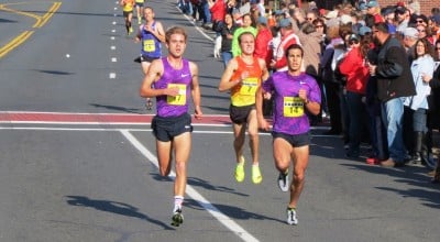  Will Geoghegan (l) out-sprinting Maverick Darling and Donn Cabral to win the 2015 Manchester Road Race (photo by Jane Monti for Race Results Weekly)