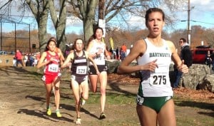 PHOTO: Dana Giordano of Dartmouth (r) leads Sarah Collins of Providence (528), Natalie Schudrowitz of Brown (118), and Christina Melian of Stony Brook (648) at the 2015 NCAA Northeast Regional Cross Country Championships at Franklin Park in Boston on November 13 (photo by Chris Lotsbom for Race Results Weekly)