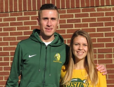 Coach Andrew Carlson and student-athlete Erin Teschuk of North Dakota State in advance of the 2015 NCAA Division I Cross Country Championships in Louisville, Kentucky (photo by David Monti for Race Results Weekly)