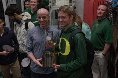 Newly-announced Gatorade National Boys Cross Country Runner of the Year Andrew Hunter poses with 2004 U.S. Olympian and American Mile Record Holder Alan Webb moments after being presented with his trophy at Loudoun Valley High School on Wednesday, February 24, 2016. Photo Credit/Gatorade