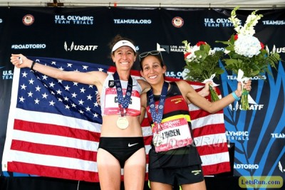 Amy Cragg (l) and Desi Linden at the Olympic Marathon Trials