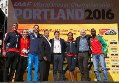 From left to right: Ashton Eaton, Brianne Theisen-Eaton, Gianmarco Tamberi, USATF CEO Max Siegel, IAAF President Sebastian Coe, Ajee Wilson, LOC head Vin Lananna, Kim Collins. © Getty Images for IAAF