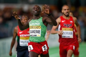 "PORTLAND, OR - MARCH 18: Antoine Gakeme of Burundi competes in the Men's 800 metre heats during day two of the IAAF World Indoor Championships at Oregon Convention Center on March 18, 2016 in Portland, Oregon. (Photo by Christian Petersen/Getty Images for IAAF)"