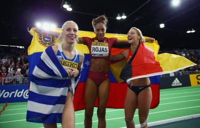 (L-R) Bronze medallist Paraskevi­ Papahristou, Yulimar Rojas, Kristin Gierisch (Photo by Ian Walton/Getty Images for IAAF)"