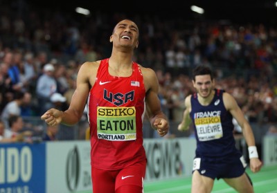 Ashton Eaton Crosses the Line for Gold (Photo by Ian Walton/Getty Images for IAAF)"