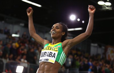 "PORTLAND, OR - MARCH 20: Genzebe Dibaba of Ethiopia wins gold in the Women's 800 Metres Final during day four of the IAAF World Indoor Championships at Oregon Convention Center on March 20, 2016 in Portland, Oregon. (Photo by Ian Walton/Getty Images for IAAF)"