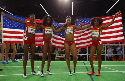 (L-R) Quanera Hayes, Ashley Spencer, Natasha Hastings and Courtney Okolo (Photo by Ian Walton/Getty Images for IAAF)"