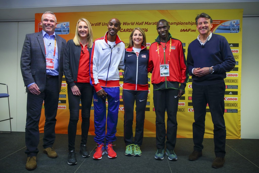 (L-R) CEO Run4Wales Matt Newman, Paula Radcliffe, Mo Farah, Sara Hall of the USA, Geoffrey Kipsang Kamworoand IAAF President Lord Sebastian Coe pose (Photo by Jordan Mansfield/© Getty Images for IAAF)