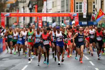 This is about the only time Geoffrey Kamworor wasn't in the front (Photo by Jordan Mansfield/Getty Images for IAAF)"