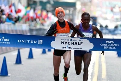 Huddle winning the second of her three NYC Half titles in 2016