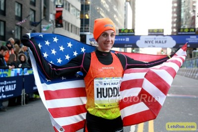 Huddle after winning the 2016 United Airlines Half Marathon on the road in NY in controversial fashion 