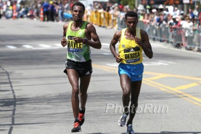 Desisa (right) battled Lemi Berhanu Hayle in Boston in April