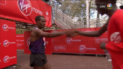 Bekele accepts congratulations from old rival Kipchoge after the race