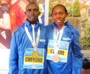 Lawrence Cherono and Lucy Karimi after winning the 2016 Volkswagen Prague Marathon in 2:07:24 and 2:24:46, respectively (photo by Chris Lotsbom for Race Results Weekly)
