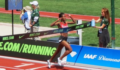Faith Kipyegon of Kenya breaks the Kenyan 1500m record at the 2016 Prefontaine Classic in Eugene, Ore., running 3:56.41 (photo by David Monti for Race Results Weekly)