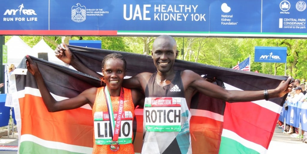 PHOTO: Cynthia Limo and Lucas Rotich after winning the 2016 UAE Healthy Kidney 10-K in New York's Central Park in 31:39 and 28:29, respectively (photo by Jane Monti for Race Results Weekly)