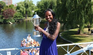 2016 Boston Marathon champion Atsede Baysa singing "Gurcha Gana" after the B.A.A. 10-K on June 26 (photo by Chris Lotsbom for Race Results Weekly)