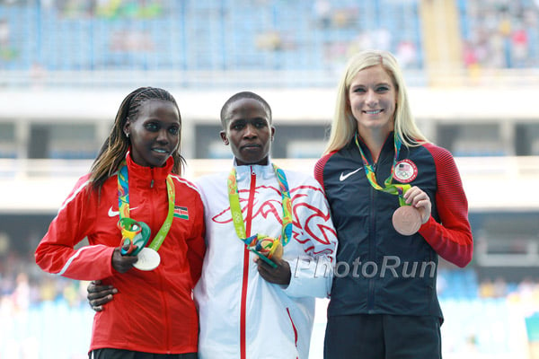 Hyvin Kiyeng, Ruth Jebet and Emma Coburn on Medal Stand