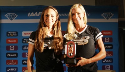 Jenny Simpson and Emma Coburn in Paris in 2016 (photo by Chris Lotsbom for Race Results Weekly)