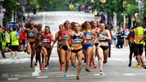 Jenny Simpson leads the women's pro field at the 2016 New Balance Fifth Avenue Mile (photo by Jane Monti for Race Results Weekly)