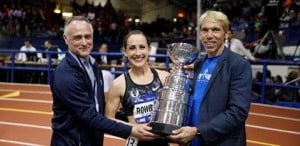 (Left) New York Road Runners President and CEO Michael Capiraso, 2016 NYRR Wanamaker Mile women’s champion Shannon Rowbury and New York Road Runners President of Events and Race Director of TCS New York City Marathon Peter Ciaccia. Photo courtesy of Ross Dettman.