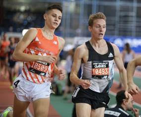 D.J. Principe (left) and Drew Hunter go head-to-head during Saturday’s 1 Mile Elite/Pro Race at The Armory’s New Balance Track & Field Center; (Right photo) Ajee’ Wilson turns in an impressive time to win the Women’s 600m. Principe/Hunter photo by John Nepolitan; Wilson photo by Justin Gaymon