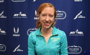 Amanda Eccleston after speaking with the media ahead of the 2017 NYRR Millrose Games in New York (photo by Chris Lotsbom for Race Results Weekly)