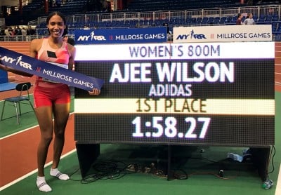 Ajee' Wilson celebrates her USA indoor 800m record of record of 1:58.27 set at the 2017 NYRR Millrose Games (photo by Chris Lotsbom for Race Results Weekly)