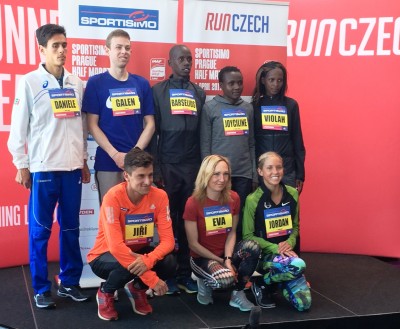 Some of the elite athletes who will run the 2017 Sportisimo Prague Half-Marathon. Back row, left to right: Daniele Meucci (Italy), Galen Rupp (USA), Barselius Kipyego (Kenya), Joyciline Jepkosgei (Kenya), Violah Jepchumba (Kenya). Front row, left to right: Jiri Homolac (Czech Republic), Eva Vrabcova (Czech Republic), Jordan Hasay (USA). (Photo by David Monti for Race Results Weekly)