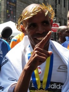 PHOTO: Meb Keflezighi immediately after winning the 2014 Boston Marathon (photo by Jane Monti for Race Results Weekly)
