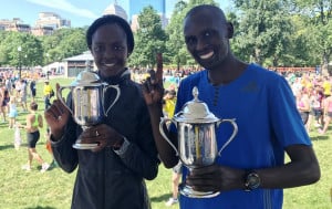 Joan Chelimo and Daniel Chebii celebrate after winning the 2017 B.A.A. 10-K, presented by Brigham and Women’s Hospital (photo by Chris Lotsbom for Race Results Weekly)
