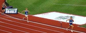 Marc Scott of the University of Tulsa (r) sprints away from BYU's Rory Linkletter and Butler's Erik Peterson to win the 2017 NCAA Division I 10,000m title in Eugene, Ore. (photo by Chris Lotsbom for Race Results Weekly)