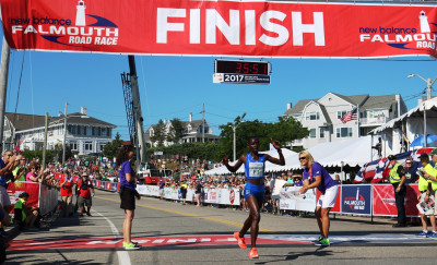 Caroline Chepkoech of Kenya wins the 45th New Balance Falmouth Road Race, her second in a row, in 35:53 (photo by Chris Lotsbom for Race Results Weekly)