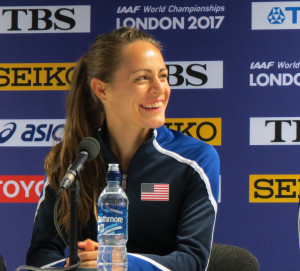 Jenny Simpson of Boulder, Colo., speaks to the media prior to the 2017 IAAF World Championships (photo by Jane Monti for Race Results Weekly)