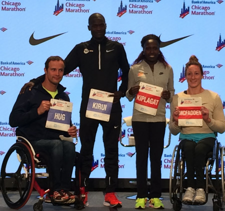 Defending Chicago champs Marcel Hug, Abel Kirui, Florence Kiplagat, and Tatyana McFadden