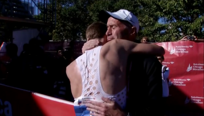 Rupp embraces Alberto Salazar after the race