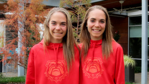 Samantha (left) and Jessica Drop of the University of Georgia in Louisville, Ky., prior to the 2017 NCAA Division I Cross Country Championships (photo by David Monti for Race Results Weekly)